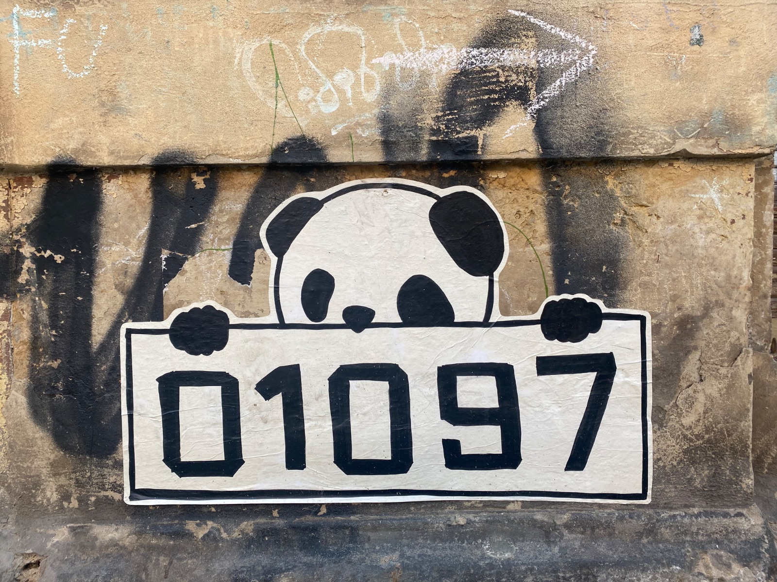 Streetart-Panda, der über ein Schild mit der Postleitzahl 01097 schaut